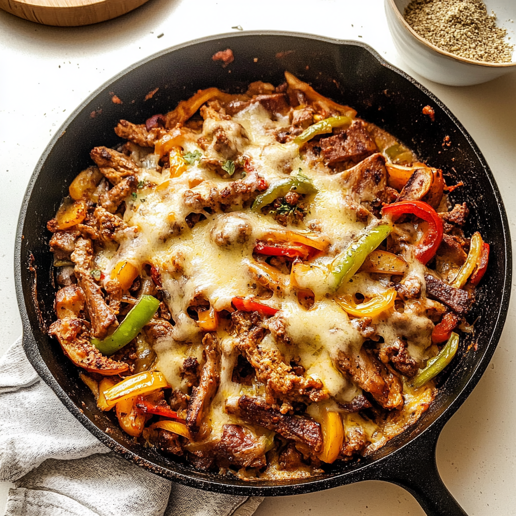 Recipe preparation for Zesty Philly Cheesesteak Skillet