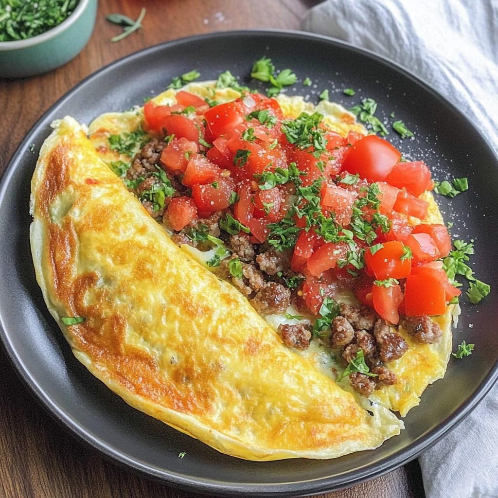 Recipe preparation for Sausage Tomato Cheese Omelet