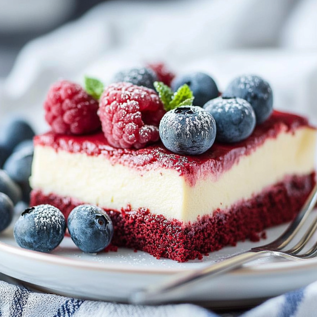 Recipe preparation for Fourth of July Red Velvet Cheesecake Bars