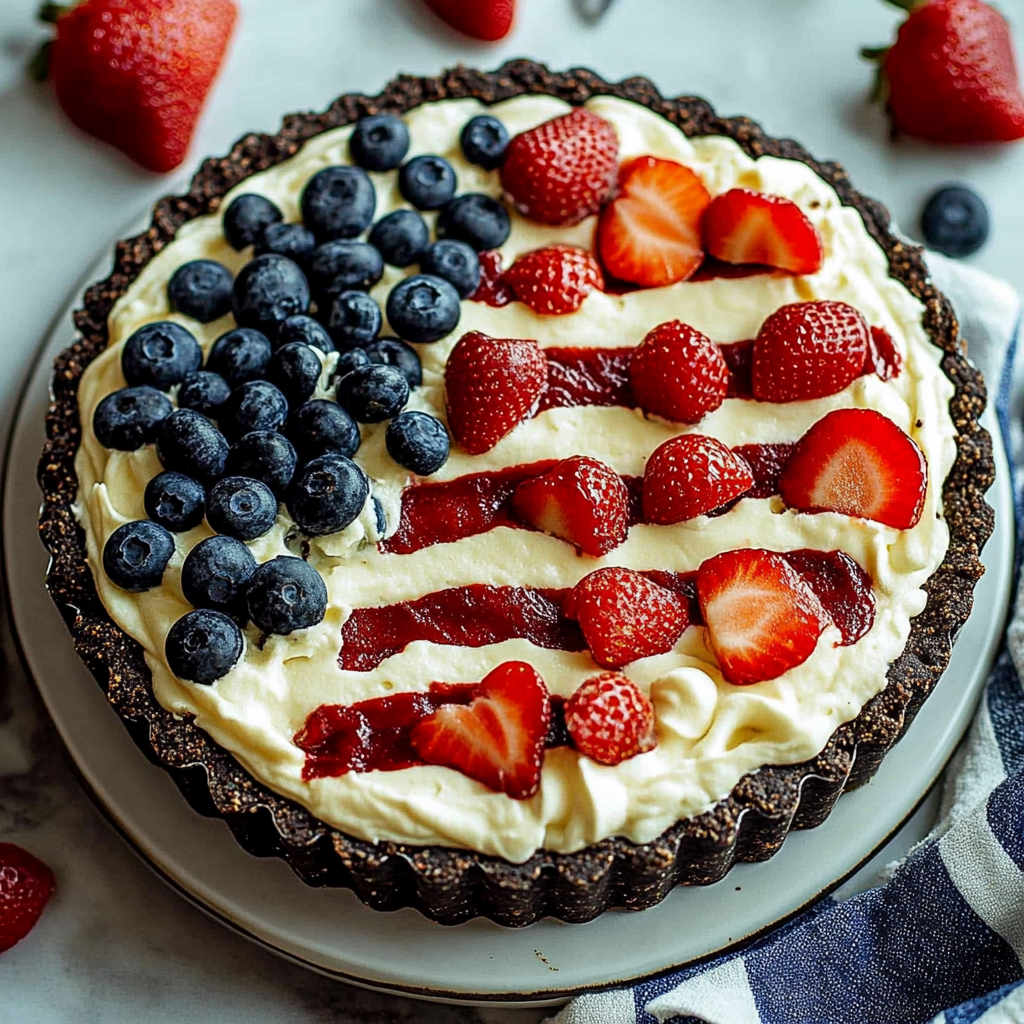 Recipe preparation for Oreo Cookie Crust Flag Pie