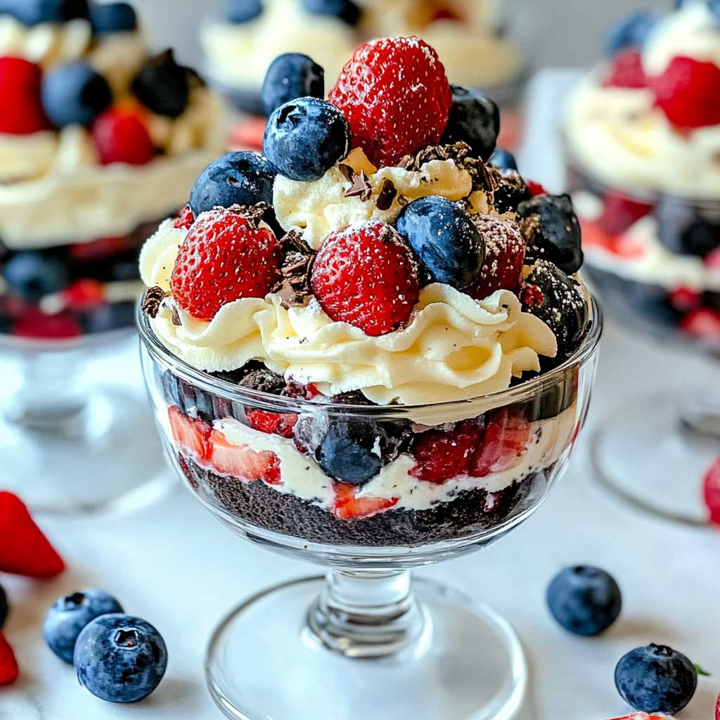 Recipe preparation for Oreo Trifle with Blueberries and Strawberries