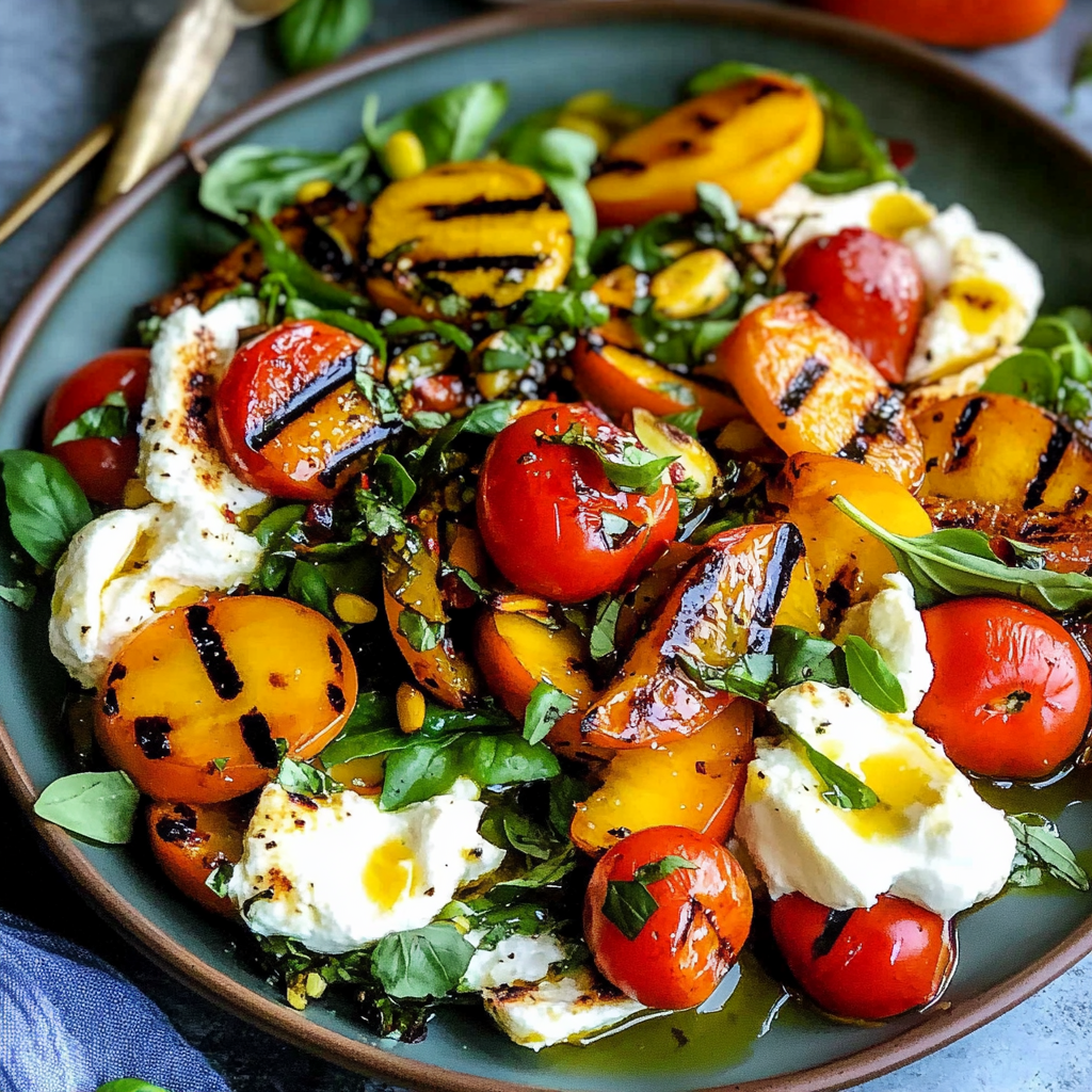Recipe preparation for Grilled Peach Burrata Salad