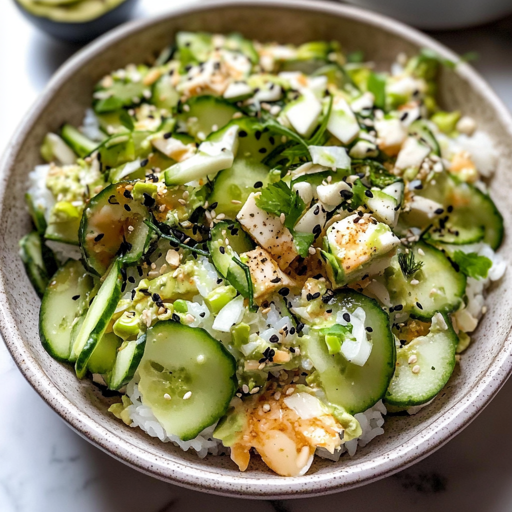 Recipe preparation for California Roll Cucumber Salad