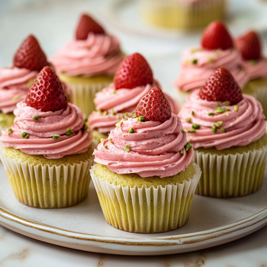 Recipe preparation for Pistachio Cupcakes with Strawberry Buttercream