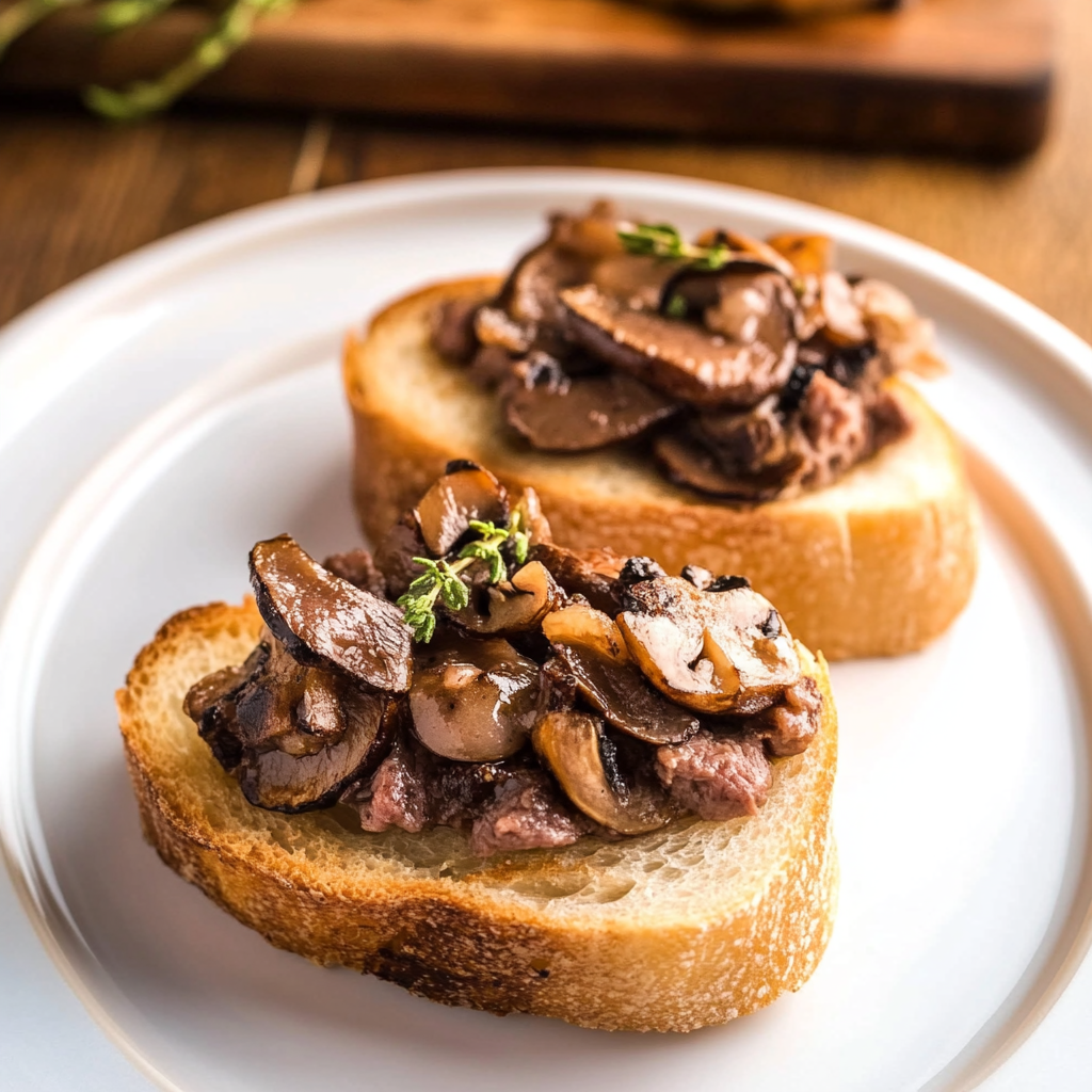 Recipe preparation for Steak and Mushroom Bruschetta