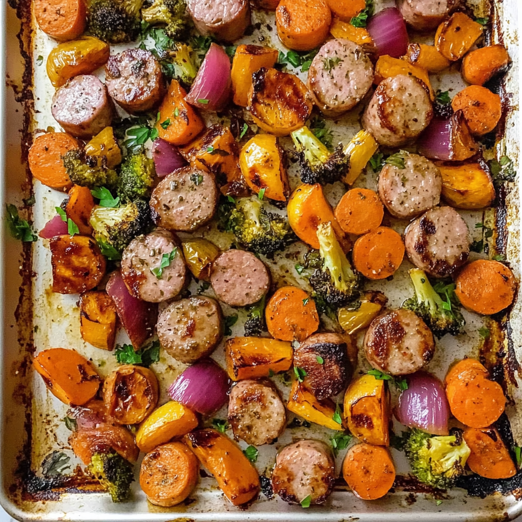 Recipe preparation for Sheet-Pan Maple-Dijon Sausage and Fall Veggies
