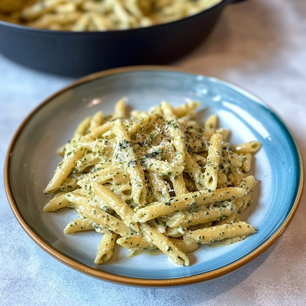 Recipe preparation for Creamy Pesto Sauce Pasta