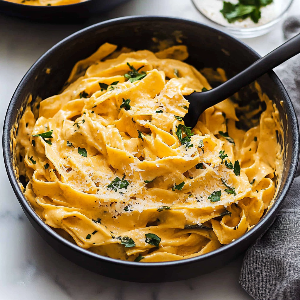 Recipe preparation for Creamy Pumpkin Alfredo Pasta