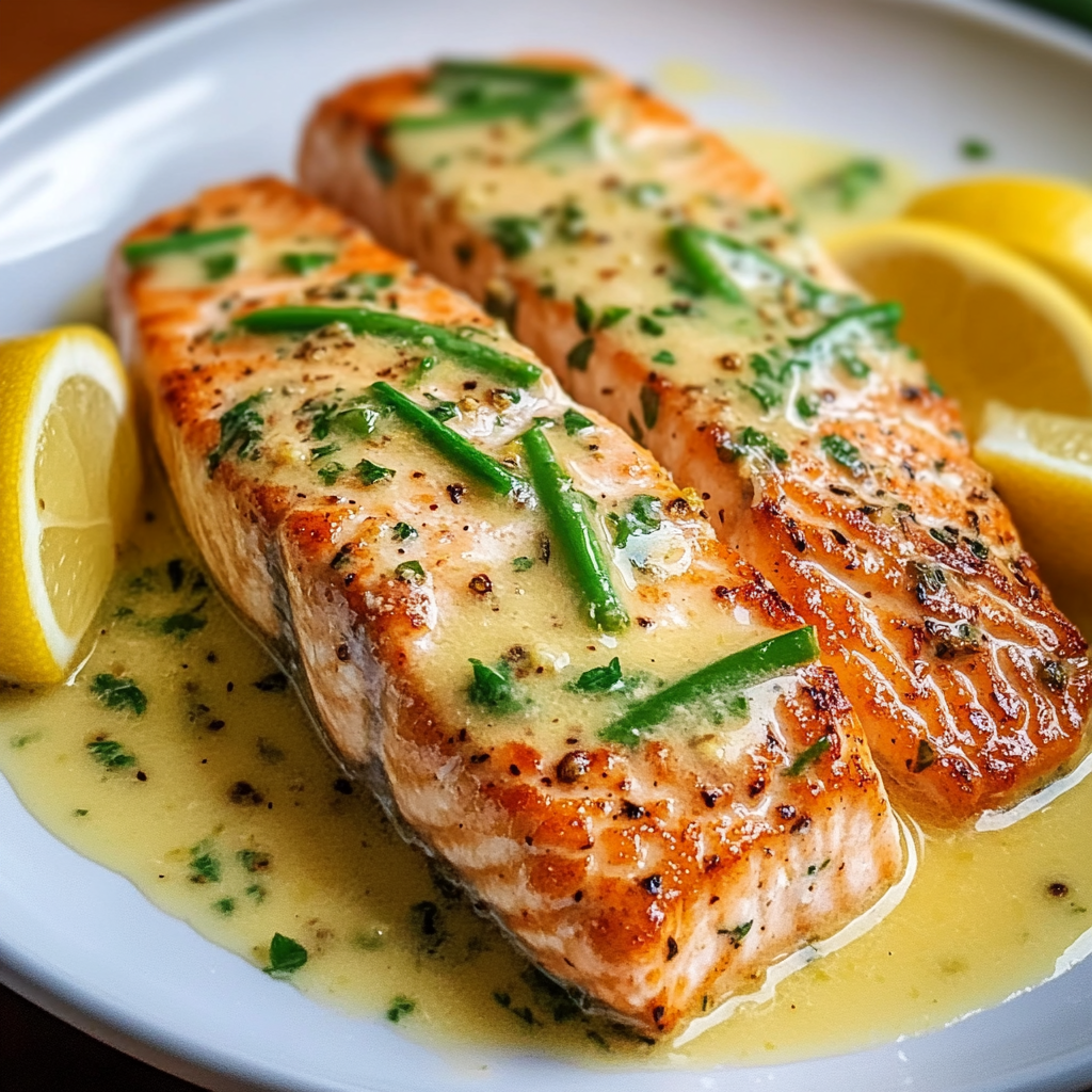 Recipe preparation for Salmon with Garlic Lemon Butter Sauce