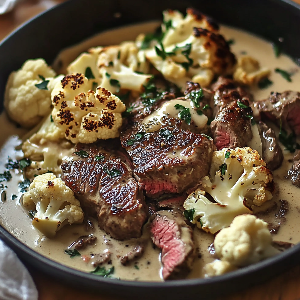 Recipe preparation for Savory Steak and Cauliflower in Cream Sauce