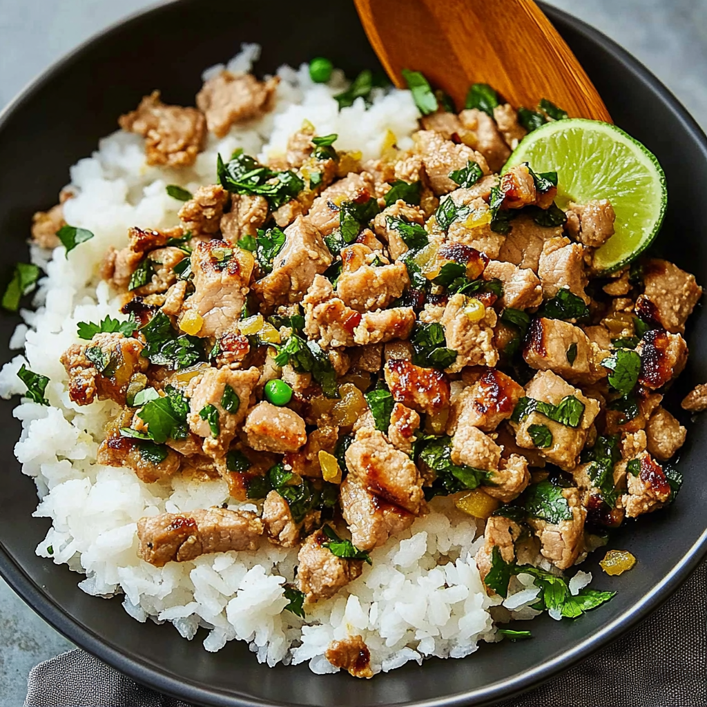 Recipe preparation for Ginger Lime Pork with Coconut Rice
