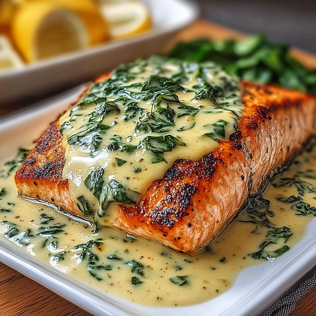 Recipe preparation for Baked Salmon Creamy Spinach Sauce