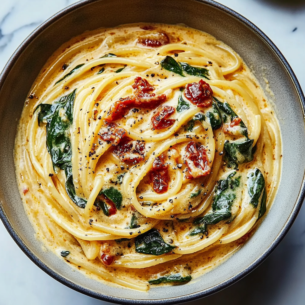 Recipe preparation for Creamy Sun-Dried Tomato Spaghetti with Spinach