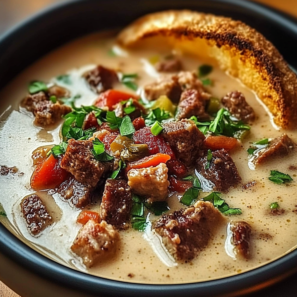 Recipe preparation for Philly Cheesesteak Soup