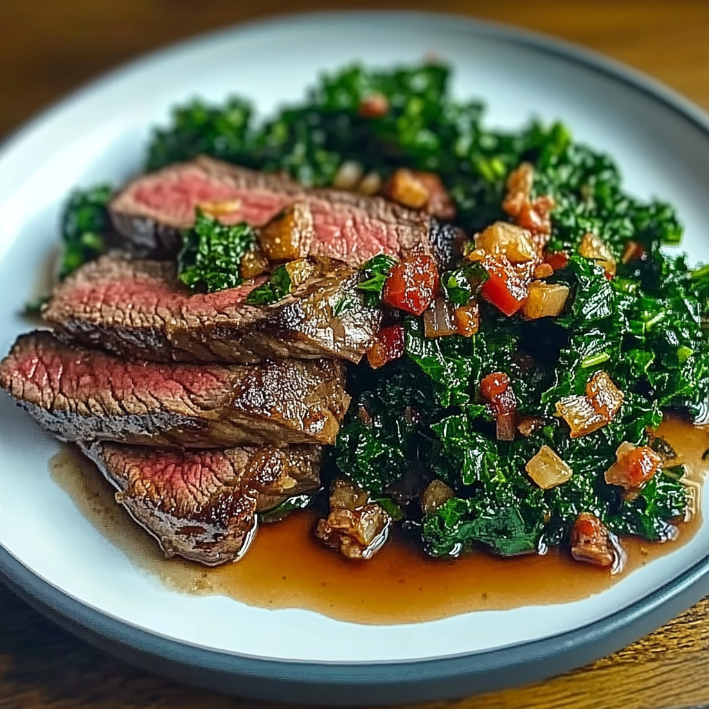 Recipe preparation for Bavette Steak with Garlic and Chilli Kale
