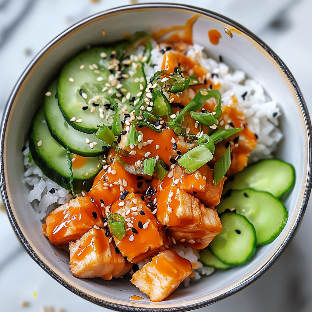 Recipe preparation for Spicy Salmon Sushi Bowl
