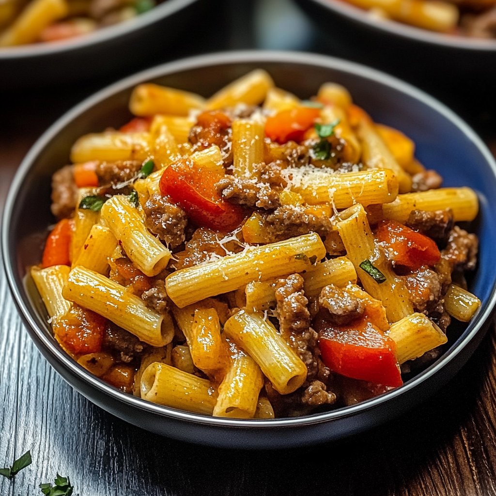 Recipe preparation for Sweet Pepper and Beef Sausage Pasta