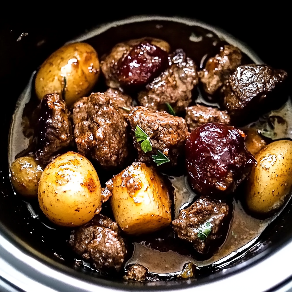 Recipe preparation for Crockpot Garlic Butter Beef Bites with Potatoes