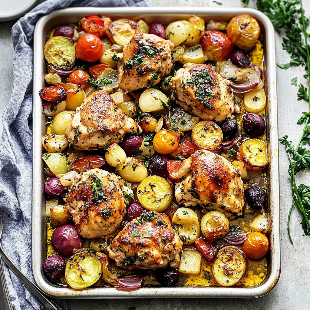Recipe preparation for Greek Sheet Pan Chicken Dinner