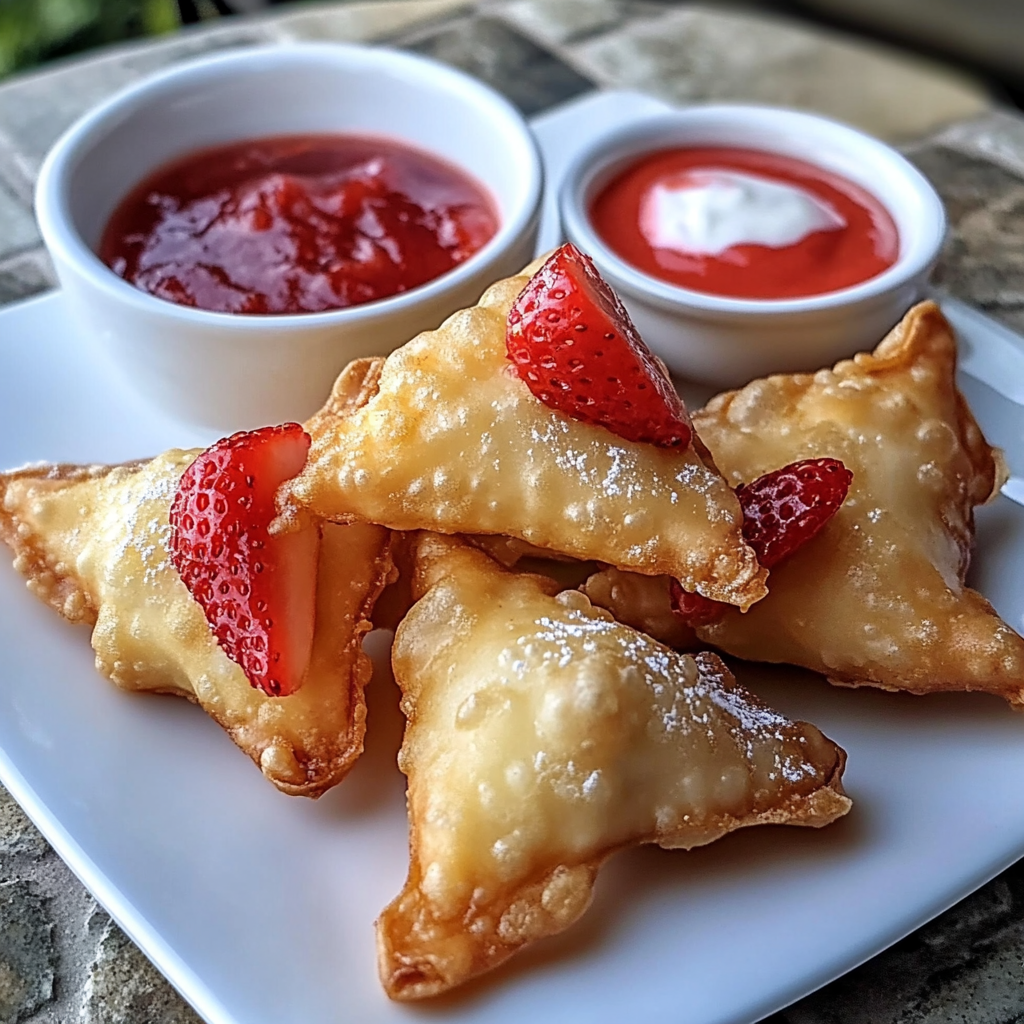 Recipe preparation for Deep-Fried Strawberry Cheesecake Stuffed Wonton Bites