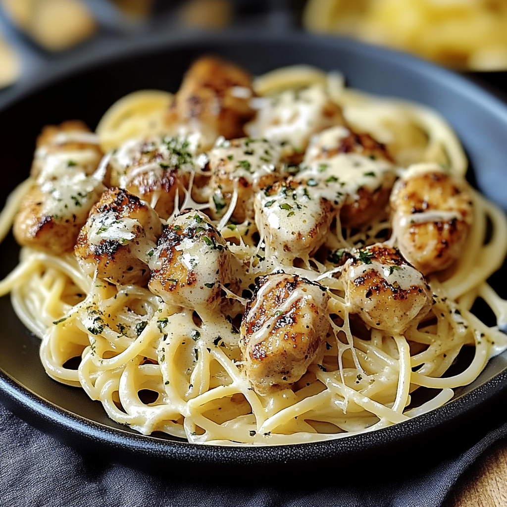 Recipe preparation for Garlic Butter Chicken Bites with Creamy Parmesan Pasta