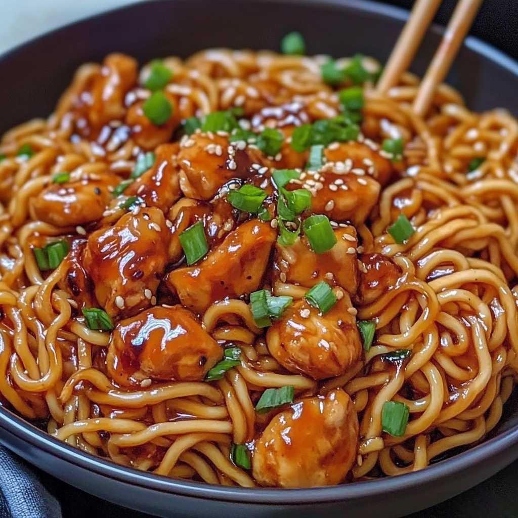 Recipe preparation for Sticky Garlic Chicken Noodles