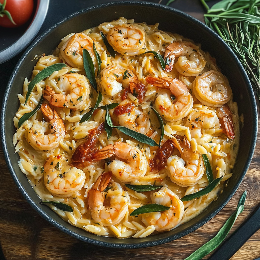 Recipe preparation for Creamy Shrimp Orzo (Easy One-Pan Meal)