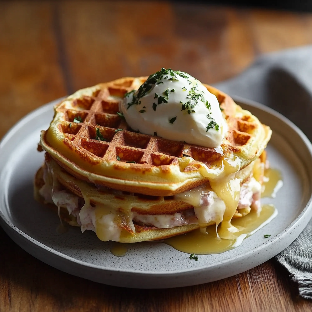 Recipe preparation for Cheddar Croque Madame Waffles