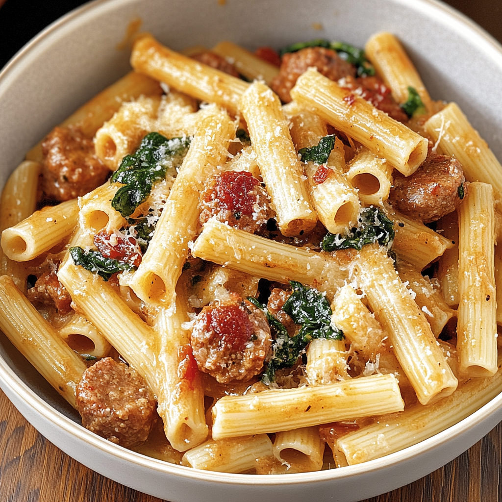 Recipe preparation for Tuscan Sausage Pasta in Creamy Sauce