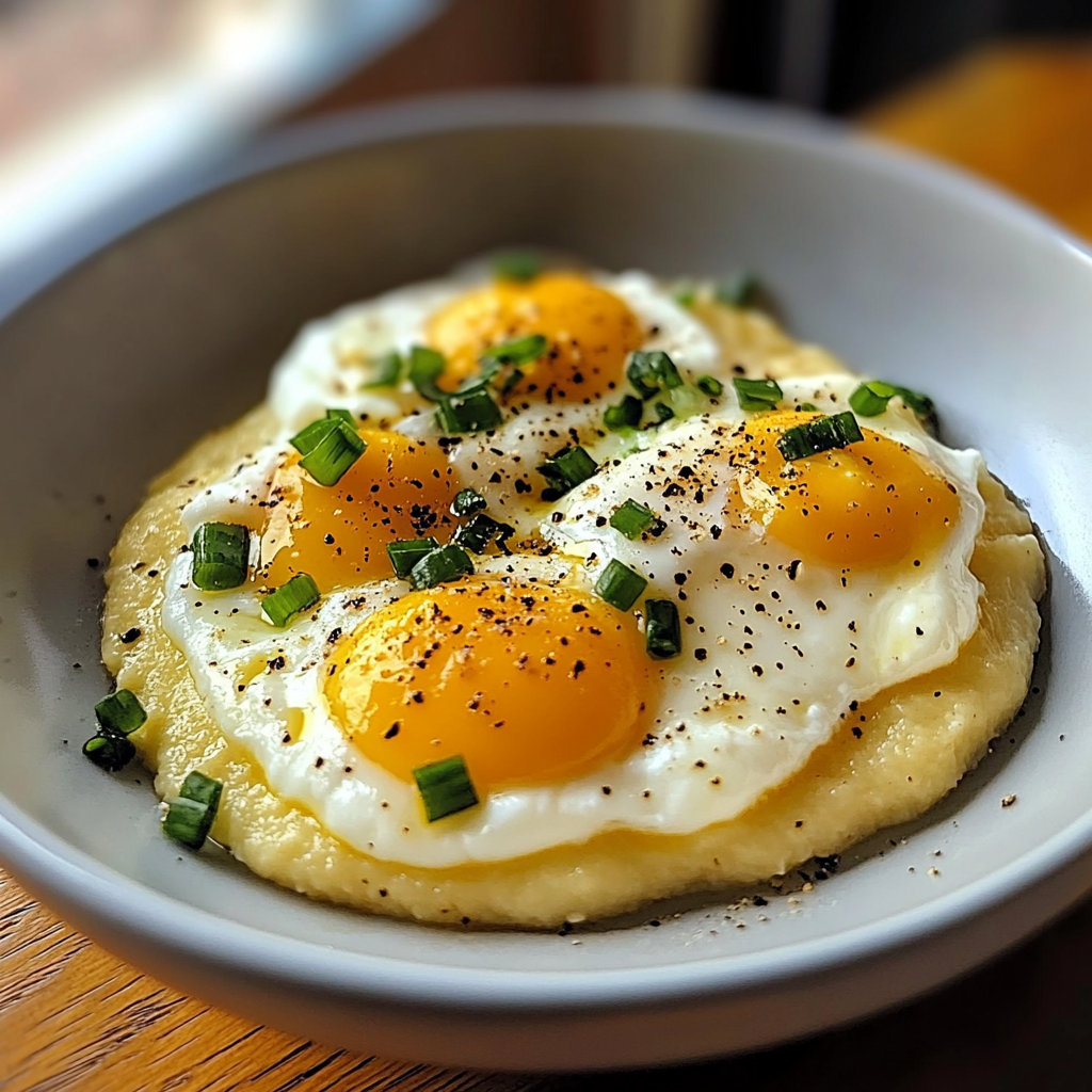 Recipe preparation for Creamy Polenta with Poached Eggs
