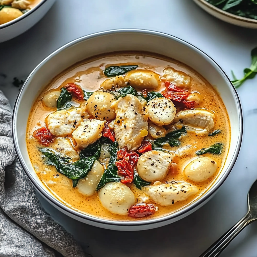 Recipe preparation for Marry me chicken soup with sun-dried tomatoes,fresh spinach, and potato gnocchi