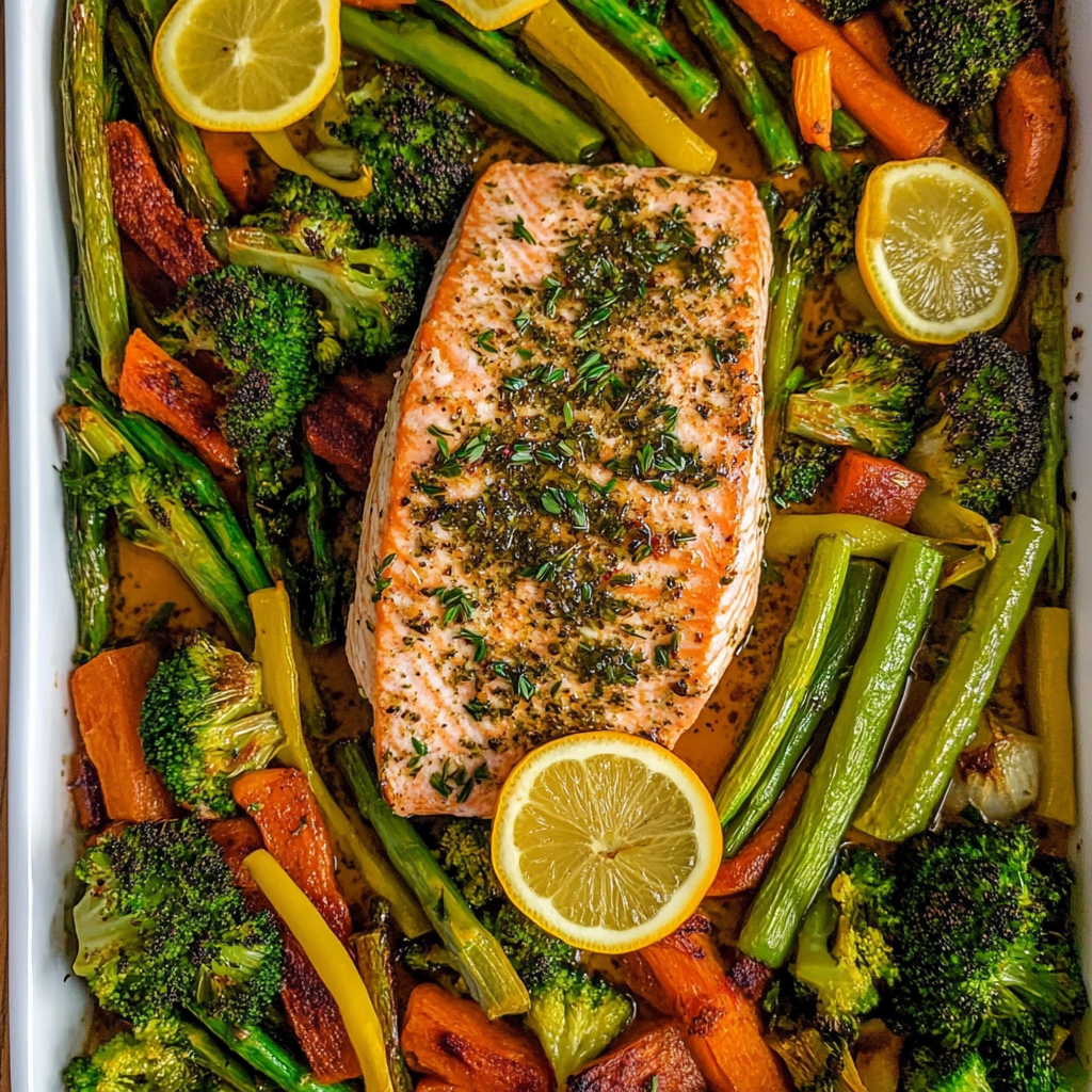 Recipe preparation for Sheet Pan Lemon Herb Salmon & Veggies