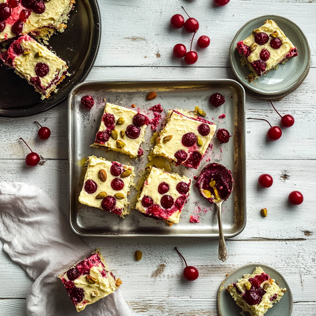 Recipe preparation for Pistachio Cherry Holiday Cake Squares