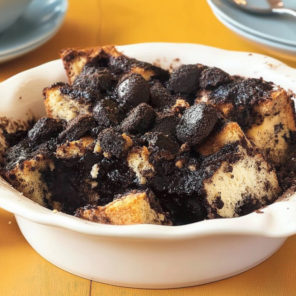 Recipe preparation for Triple Chocolate Oreo Bread Pudding