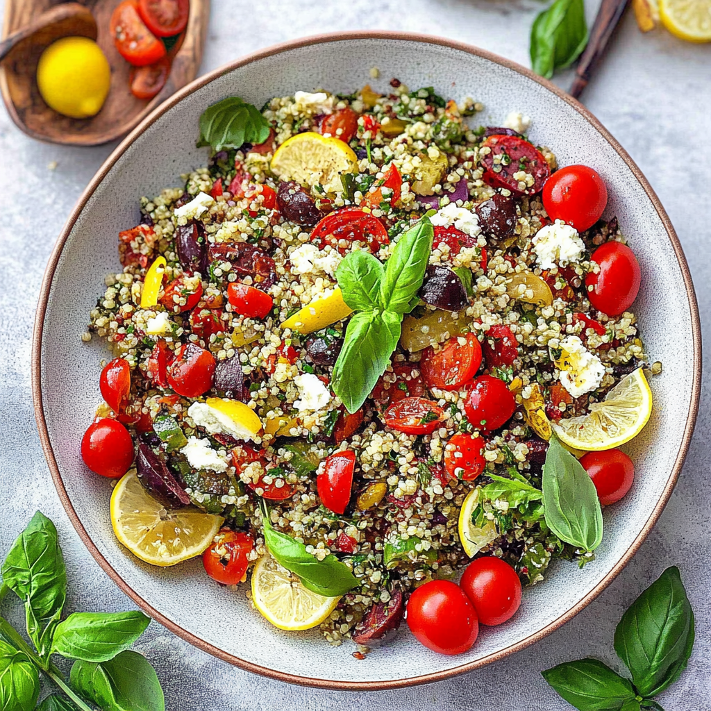 Recipe preparation for Mediterranean Quinoa Salad with Lemon Herb Dressing