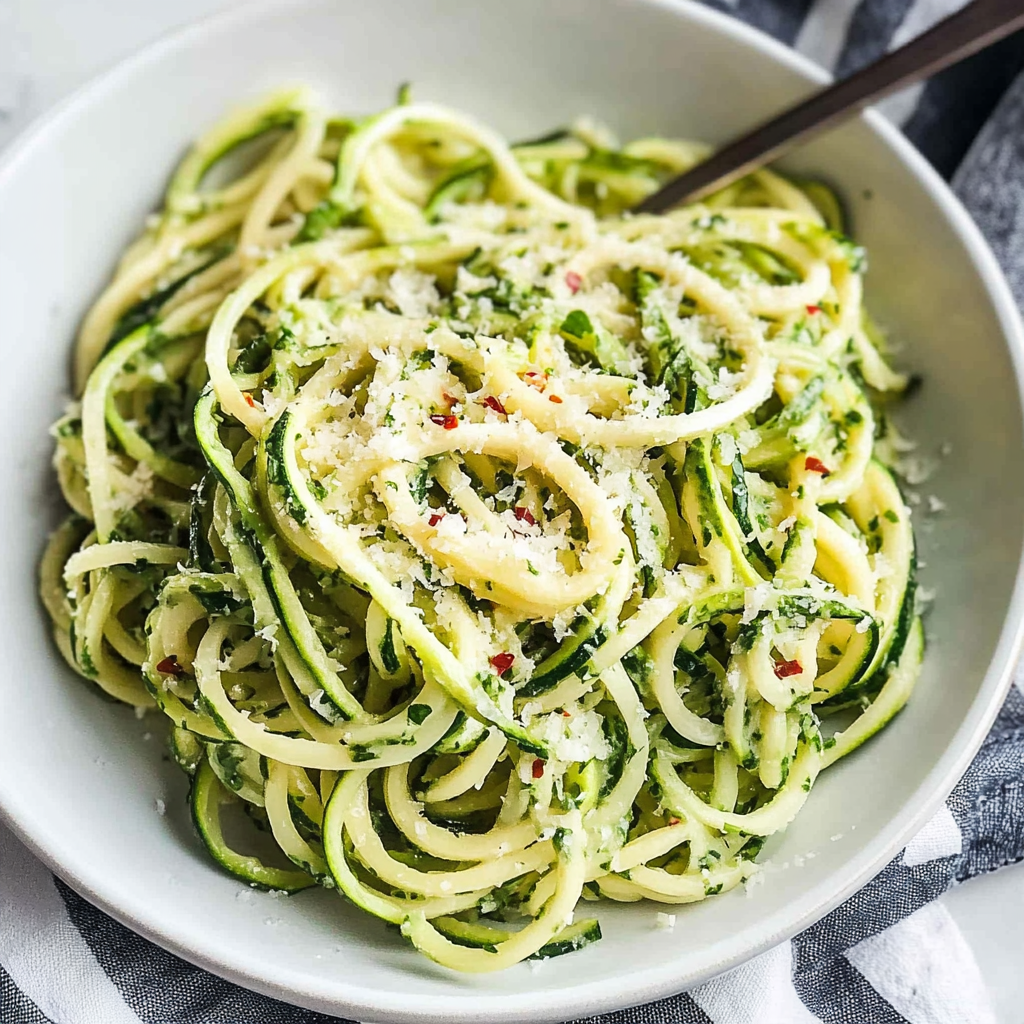 Recipe preparation for Cheesy Garlic Parmesan Zucchini Noodles