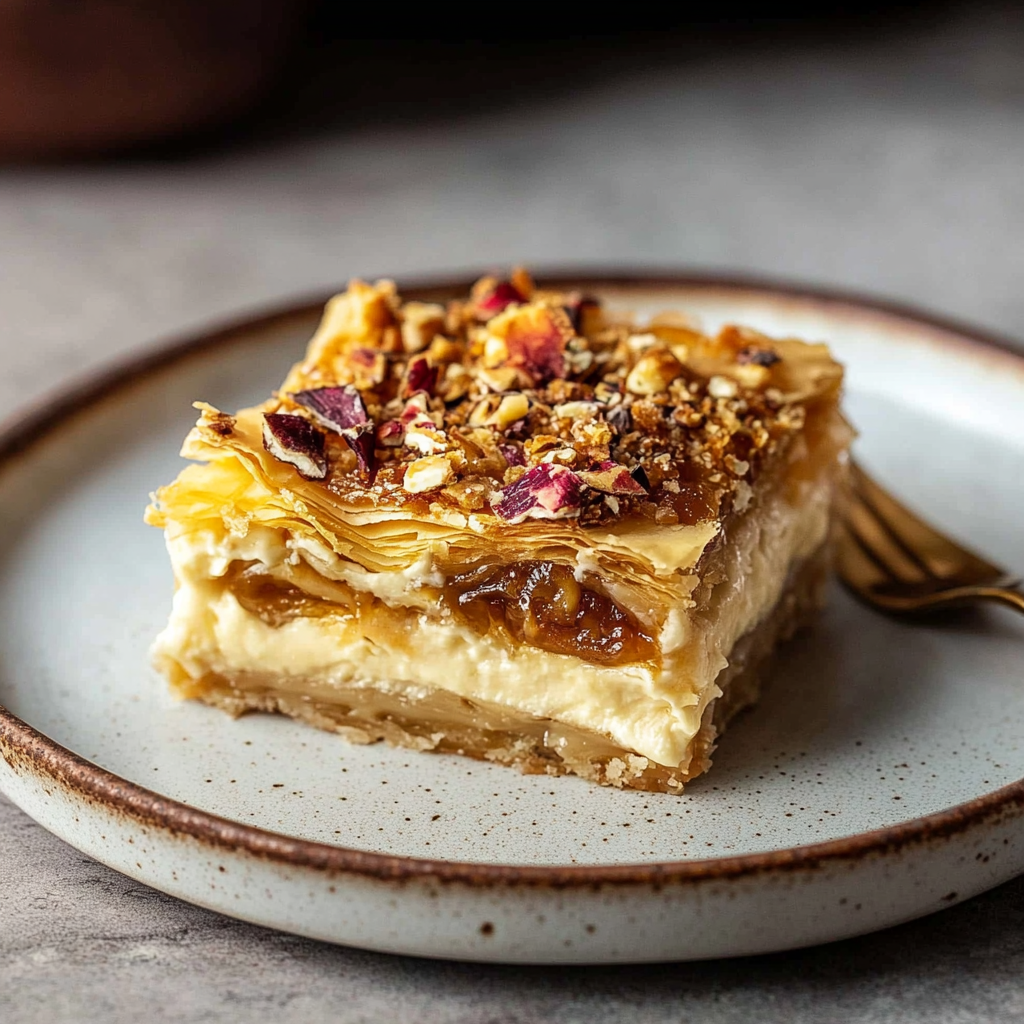Recipe preparation for Tahini-Honey Baklava Cheesecake Bars