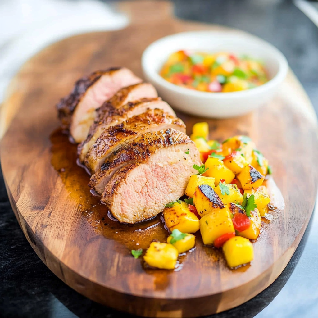 Recipe preparation for pork tenderloin with mango-pineapple salsa