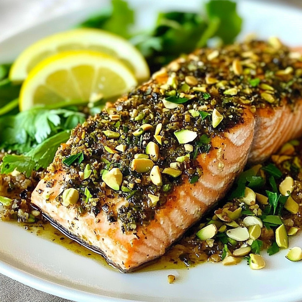 Recipe preparation for Pistachio-herb crusted salmon