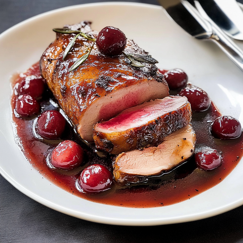 Recipe preparation for Roast duck with cherry-port reduction
