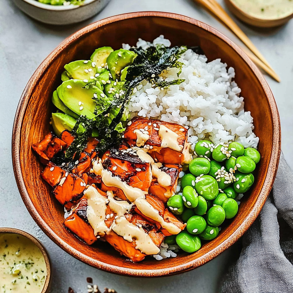 Recipe preparation for salmon-rice bowl remix with brine & mayo