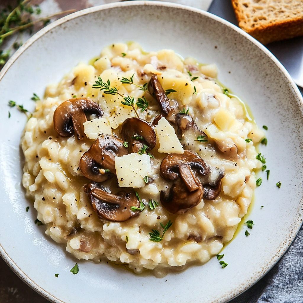 Recipe preparation for Wild Mushroom & Truffle Oil Risotto with Thyme
