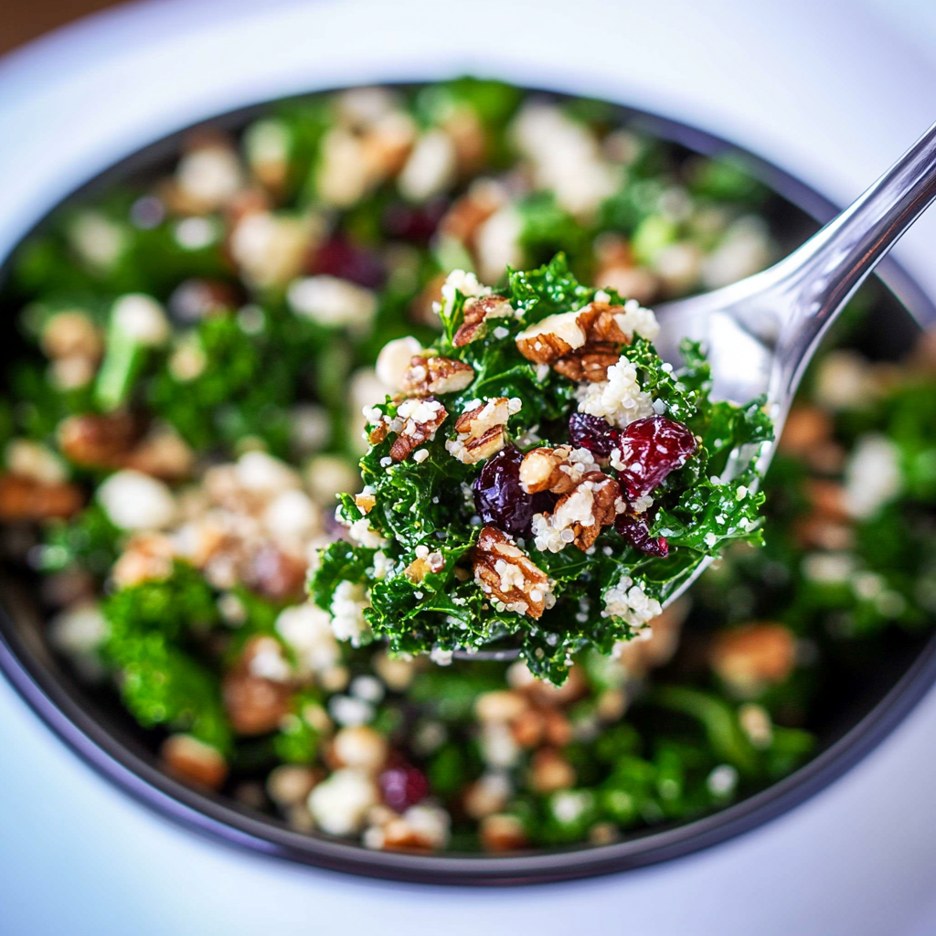 Recipe preparation for Harvest Quinoa Kale Salad with Cranberries & Pecans