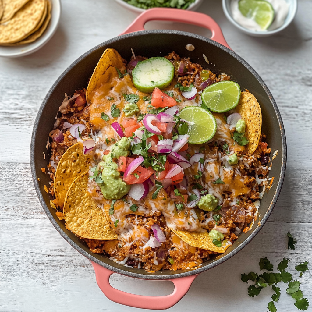 Recipe preparation for Healthy Turkey Taco Nacho Skillet