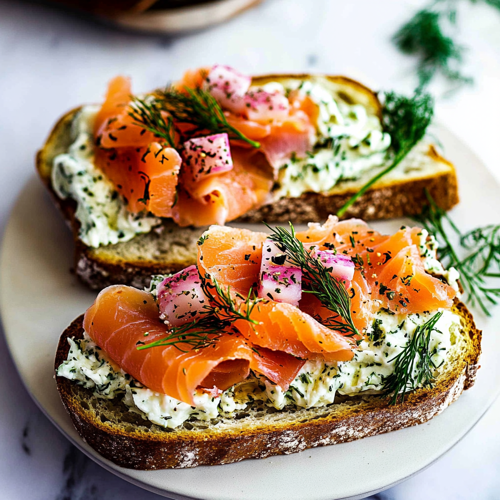 Recipe preparation for Smoked Salmon Dill Cream Toasts