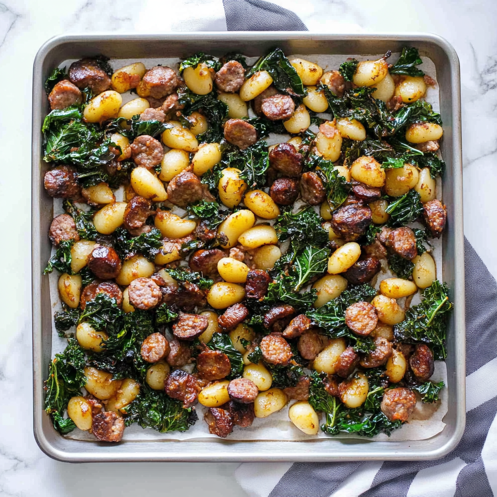 Recipe preparation for Sheet Pan Gnocchi with Sausage and Kale