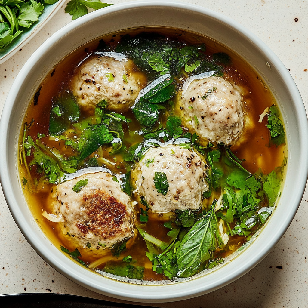 Recipe preparation for Spiced Chicken Meatballs with Basil Broth