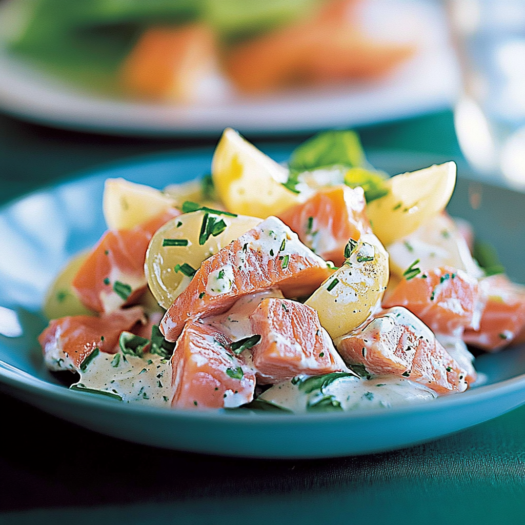 Recipe preparation for Zesty Yoghurt Potato Salad with Salmon