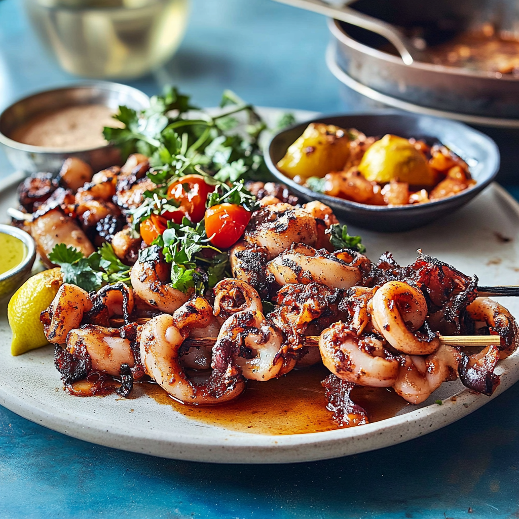 Recipe preparation for Cranberry-Glazed Octopus Skewers