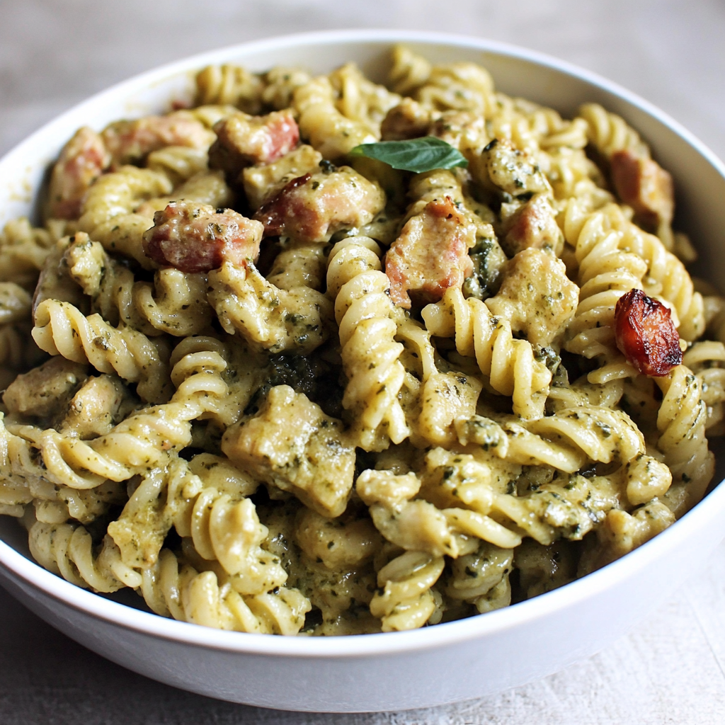 Recipe preparation for Creamy Pesto Chicken Sausage Rigatoni
